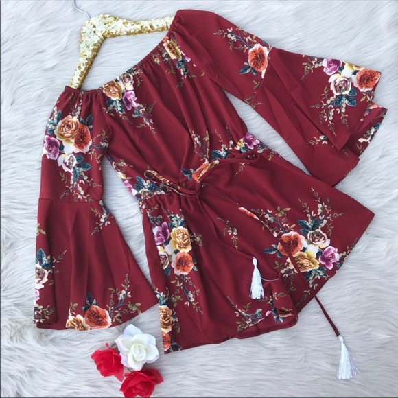 Pants - Wine Chiffon Flirty Floral Romper || Small